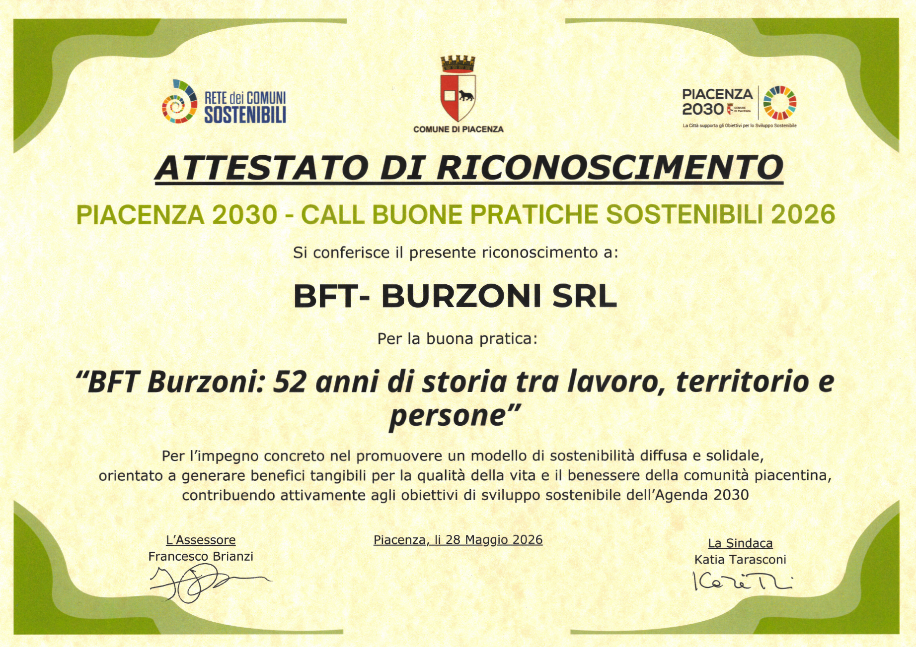 BFT Burzoni premiata a Piacenza 2030